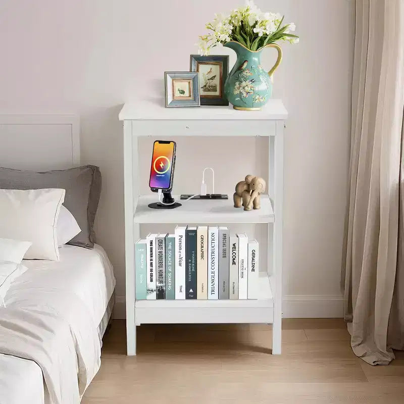 Table de chevet moderne avec station de recharge, Table d'appoint avec étagère de rangement pour chambre ou salon, Petits espaces, Noir/Marron/Blanc