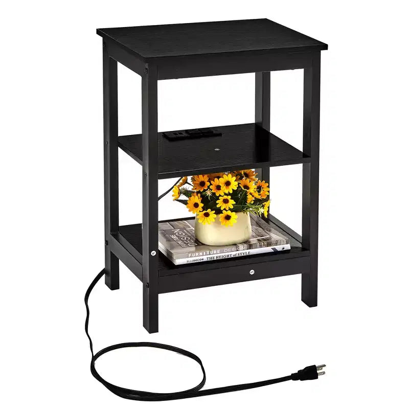 Table de chevet moderne avec station de recharge, Table d'appoint avec étagère de rangement pour chambre ou salon, Petits espaces, Noir/Marron/Blanc