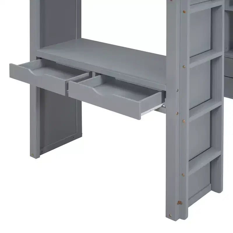 Lit mezzanine double/grand format avec bureau et lumière LED, cadre de lit mezzanine en bois massif avec étagères et échelle