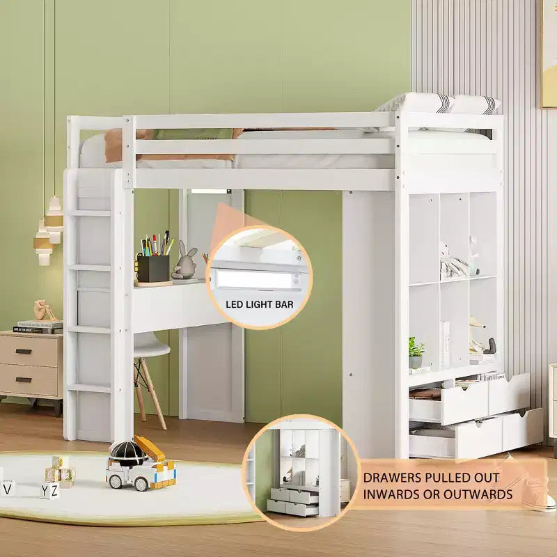 Lit mezzanine double/grand format avec bureau et lumière LED, cadre de lit mezzanine en bois massif avec étagères et échelle