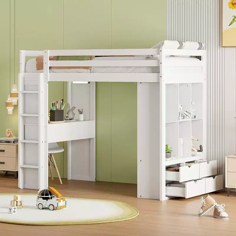 Lit mezzanine double/grand format avec bureau et lumière LED, cadre de lit mezzanine en bois massif avec étagères et échelle