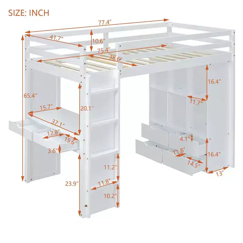 Lit mezzanine double/grand format avec bureau et lumière LED, cadre de lit mezzanine en bois massif avec étagères et échelle