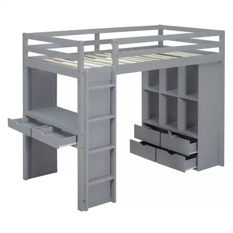 Lit mezzanine double/grand format avec bureau et lumière LED, cadre de lit mezzanine en bois massif avec étagères et échelle