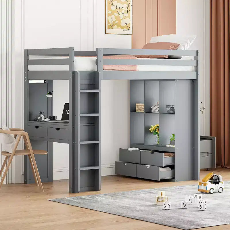 Twin/Full Size Loft Bed with Desk and LED Light, Solid Wood Loft Bed Frame with Shelves & Ladder - HABITRIO