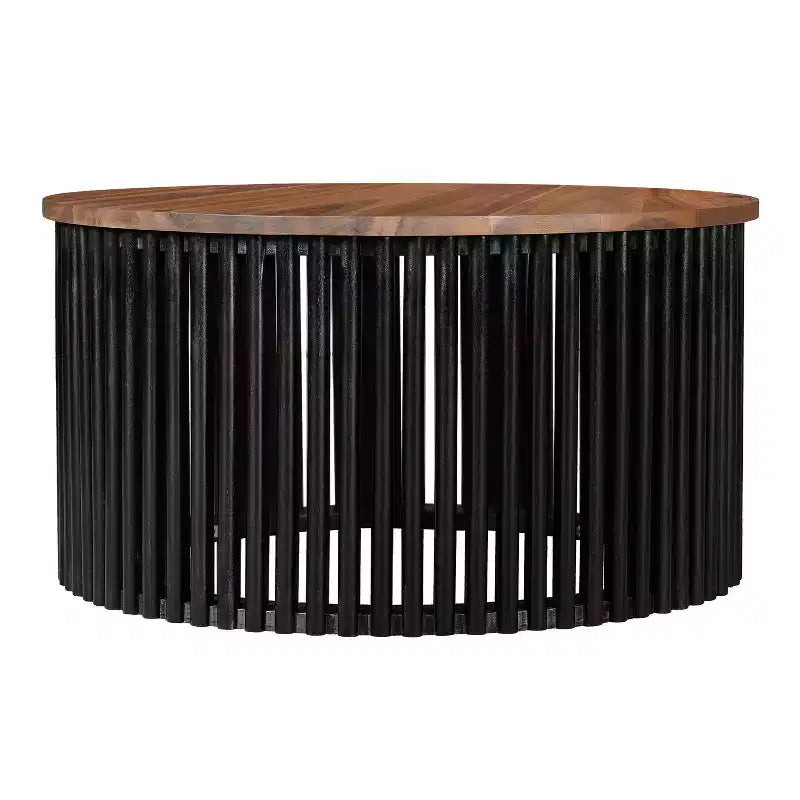 Table basse ronde en bois d'acacia avec base à lattes