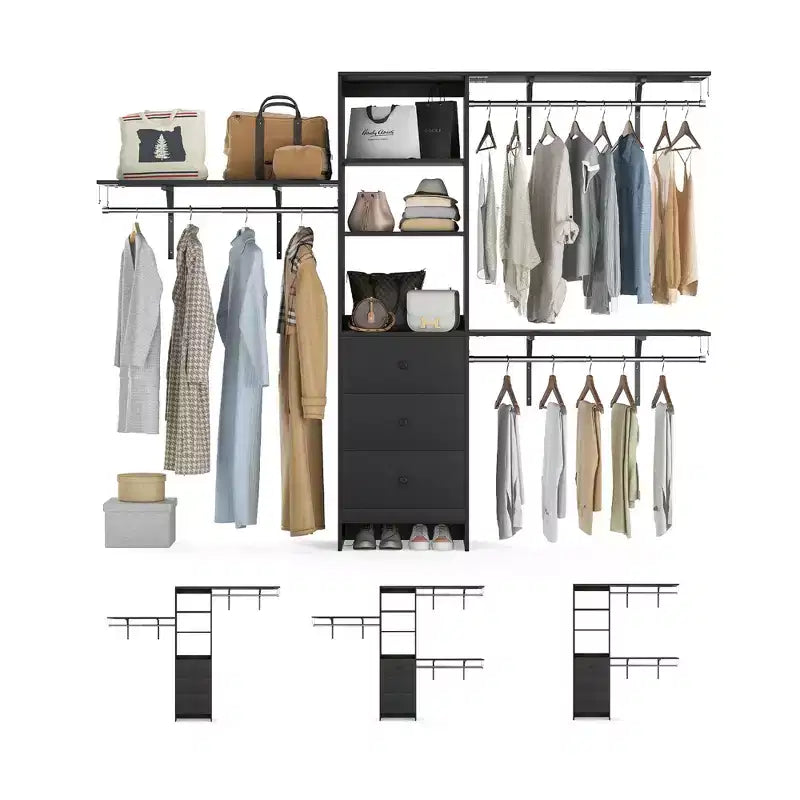 Porte-garde-robe haute capacité noir 96x16x75 - 3 tiroirs, étagères, tringles extensibles, élégant et durable