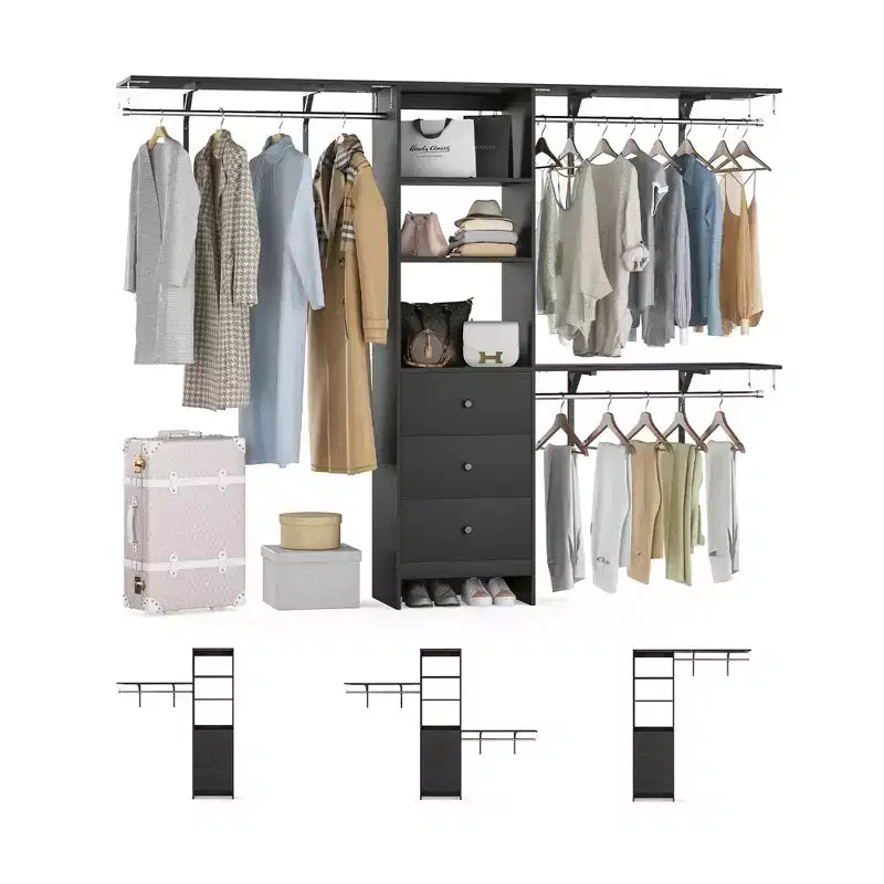 Porte-garde-robe haute capacité noir 96x16x75 - 3 tiroirs, étagères, tringles extensibles, élégant et durable