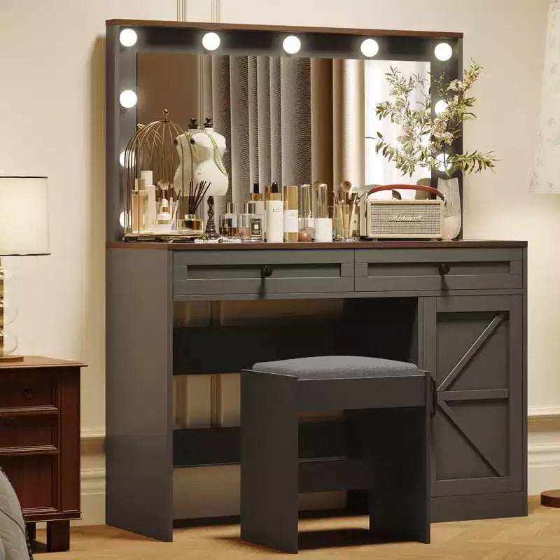 Coiffeuse avec tiroirs et lumières, Coiffeuse de 110 cm avec grand miroir et 11 lumières LED et 3 tiroirs, Noir