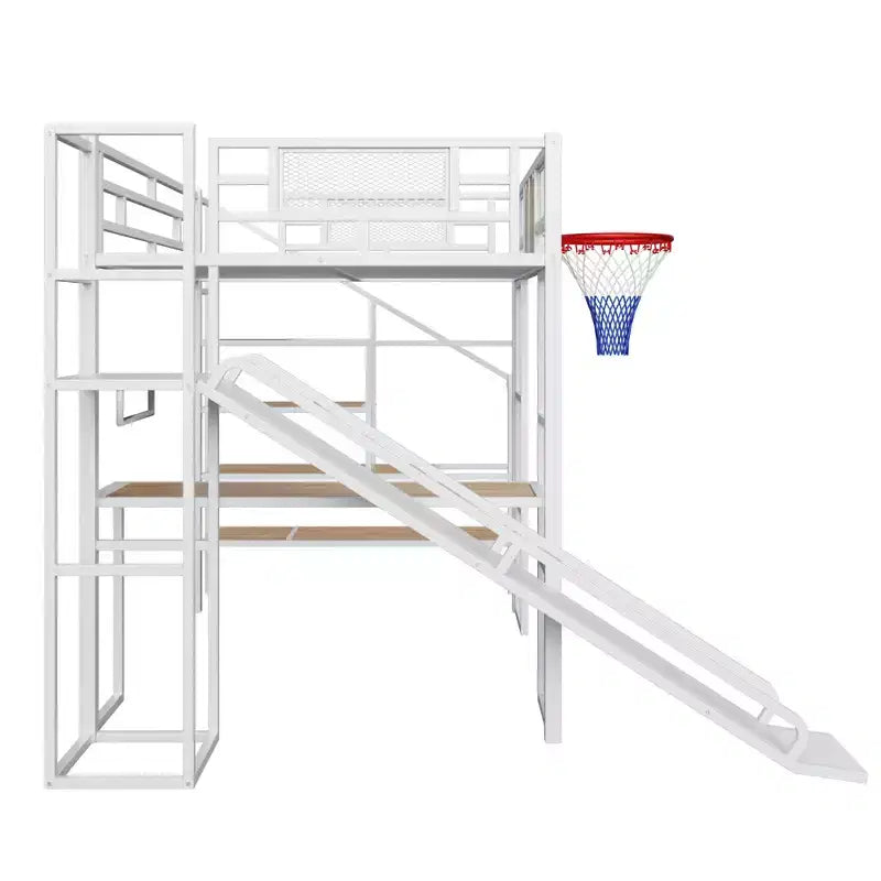 Lit mezzanine pleine grandeur en métal avec bureau intégré, armoire ouverte, panier de basket, toboggan et escalier