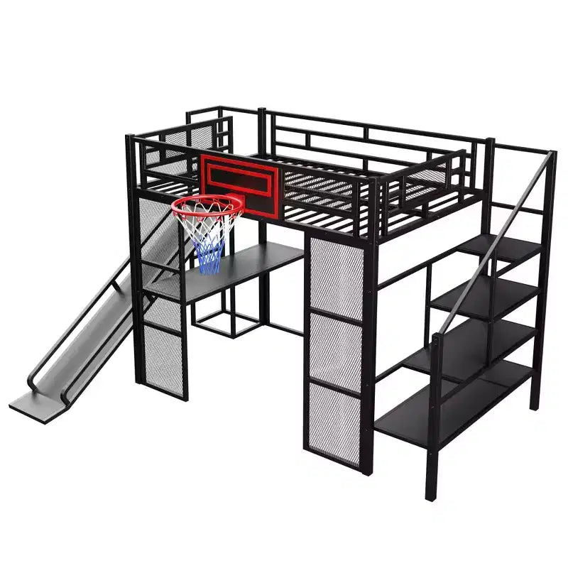 Lit mezzanine pleine grandeur en métal avec bureau intégré, armoire ouverte, panier de basket, toboggan et escalier