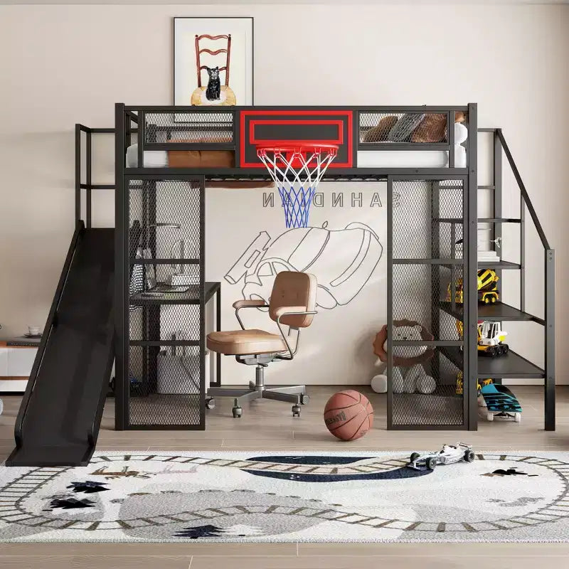 Whisen Full Size Metal Loft Bed with Built-in Desk, Open Wardrobe, Basketball Hoop, Slide and Staircase