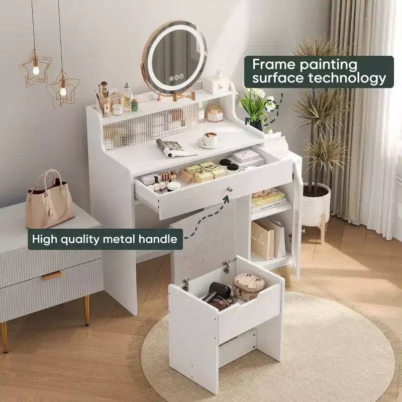 Coiffeuse avec grand miroir, ensemble de table de maquillage avec station de charge, coiffeuse avec 5 tiroirs et armoire pour chambre à coucher