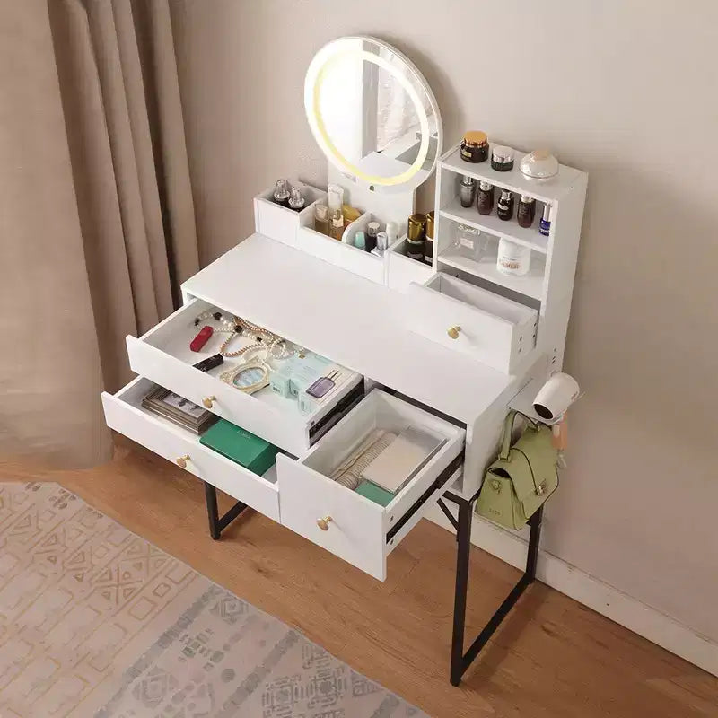 Coiffeuse avec grand miroir, ensemble de table de maquillage avec station de charge, coiffeuse avec 5 tiroirs et armoire pour chambre à coucher
