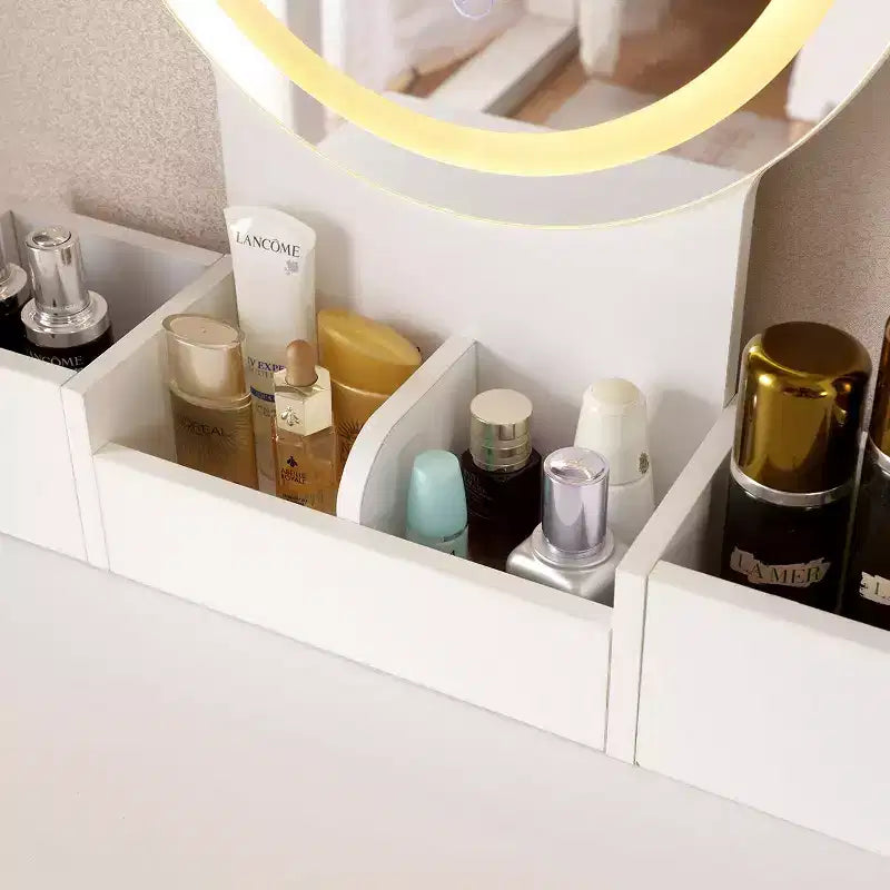 Coiffeuse avec grand miroir, ensemble de table de maquillage avec station de charge, coiffeuse avec 5 tiroirs et armoire pour chambre à coucher