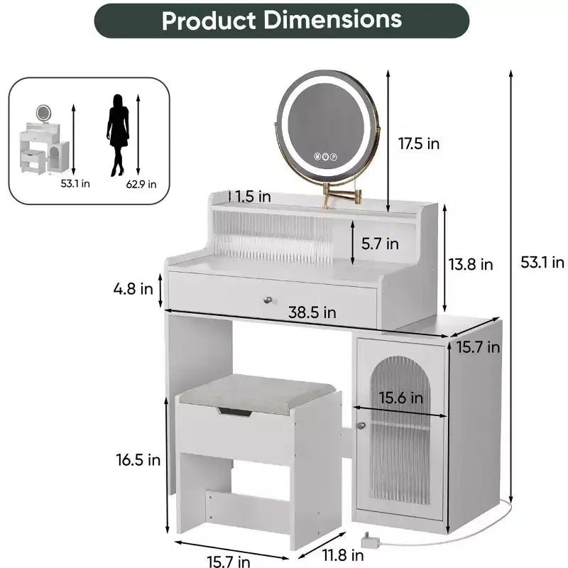 Coiffeuse avec grand miroir, ensemble de table de maquillage avec station de charge, coiffeuse avec 5 tiroirs et armoire pour chambre à coucher