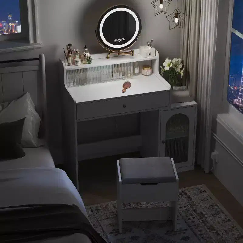 Coiffeuse avec grand miroir, ensemble de table de maquillage avec station de charge, coiffeuse avec 5 tiroirs et armoire pour chambre à coucher