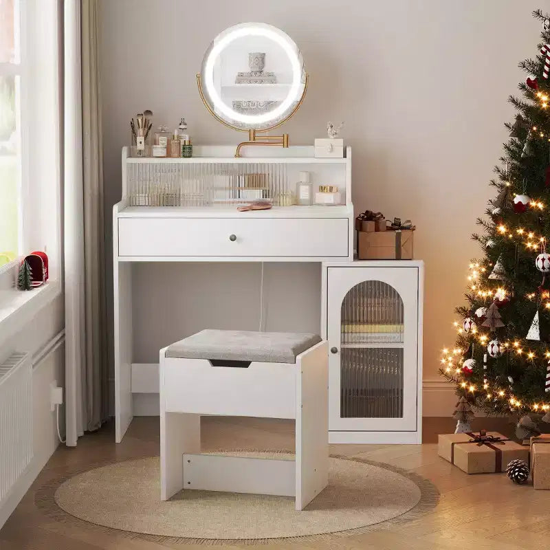 Coiffeuse avec grand miroir, ensemble de table de maquillage avec station de charge, coiffeuse avec 5 tiroirs et armoire pour chambre à coucher