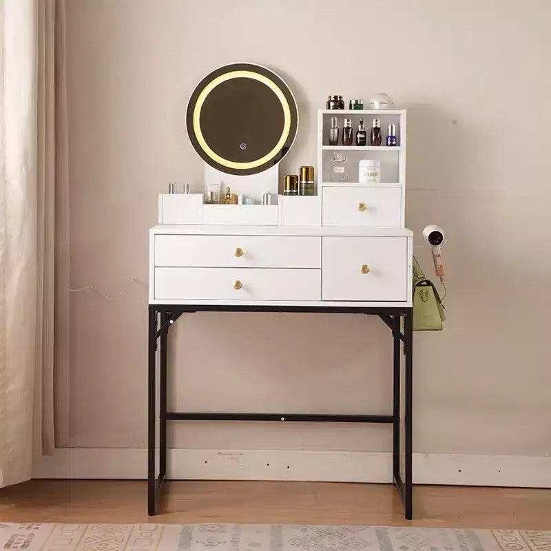 Coiffeuse avec grand miroir, ensemble de table de maquillage avec station de charge, coiffeuse avec 5 tiroirs et armoire pour chambre à coucher