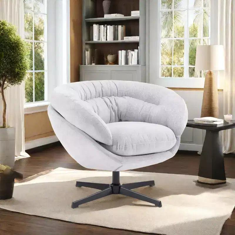 Fauteuil d'appoint, Chaise de bureau moderne en chenille, Fauteuil d'appoint pivotant avec coussin amovible, Chaise de bureau ronde, Base en métal et tissu en coton