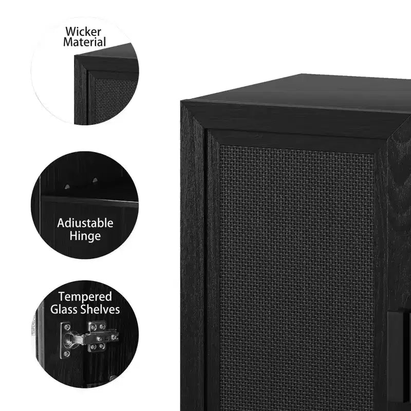 Armoire de rangement décorative de 62 pouces de hauteur en osier noir avec grain de bois et 12 étagères
