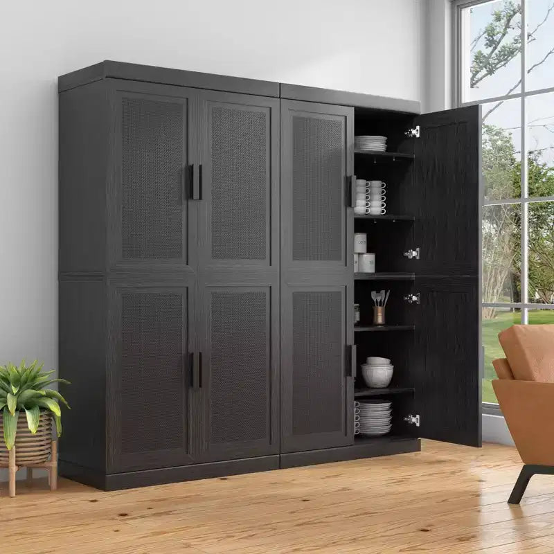 62 High Black Wicker Door Wood Grain Decorative Storage Cabinet with 12 Shelves
