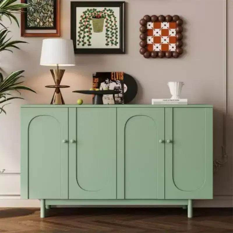 Stylish and Functional 4-Door Intaglio Storage Cabinet with Pine Legs, Solid Wood Pulls and MDF, for Living Room Bedroom,and Kitchen