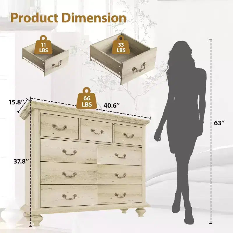 Commode à 9 tiroirs pour chambre à coucher, commode en bois avec grands tiroirs et poignées en métal
