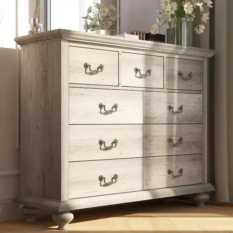 Commode à 9 tiroirs pour chambre à coucher, commode en bois avec grands tiroirs et poignées en métal
