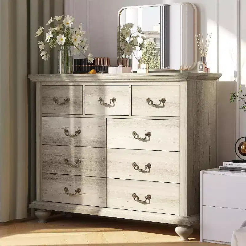 Commode à 9 tiroirs pour chambre à coucher, commode en bois avec grands tiroirs et poignées en métal