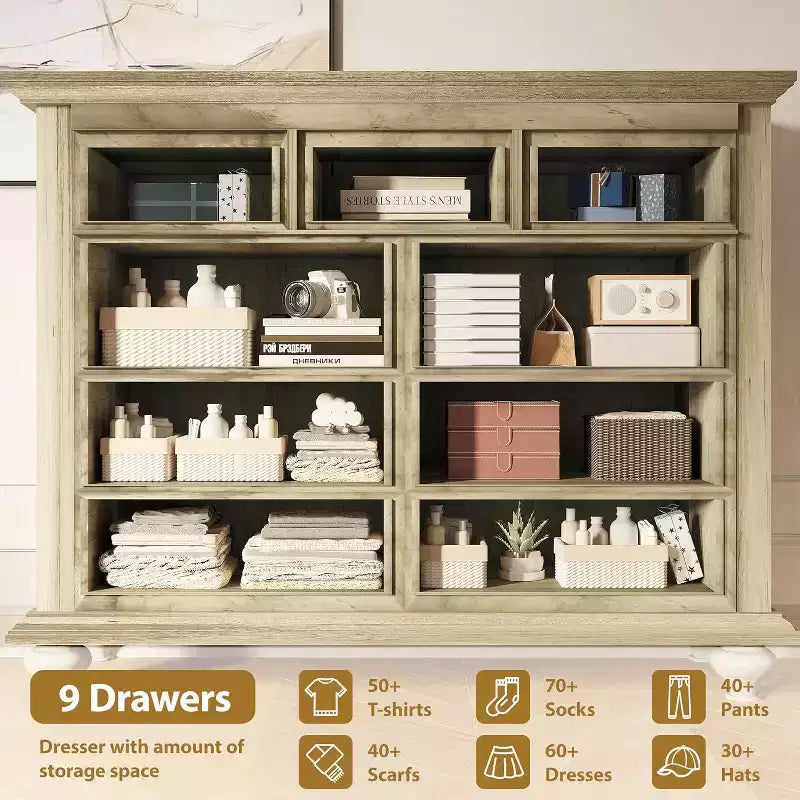 Commode à 9 tiroirs pour chambre à coucher, commode en bois avec grands tiroirs et poignées en métal