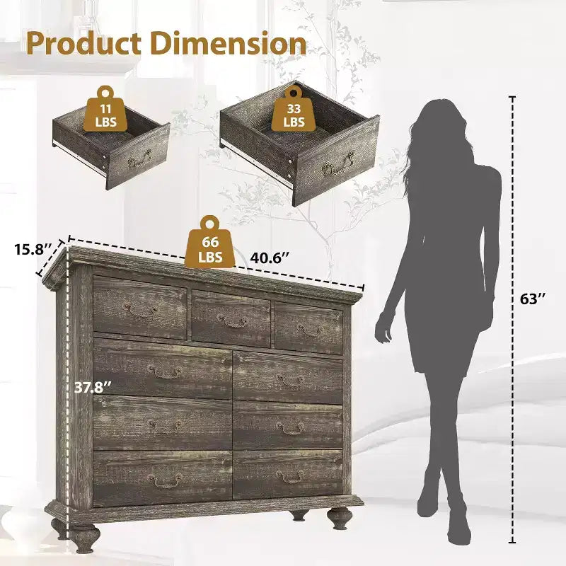 Commode à 9 tiroirs pour chambre à coucher, commode en bois avec grands tiroirs et poignées en métal