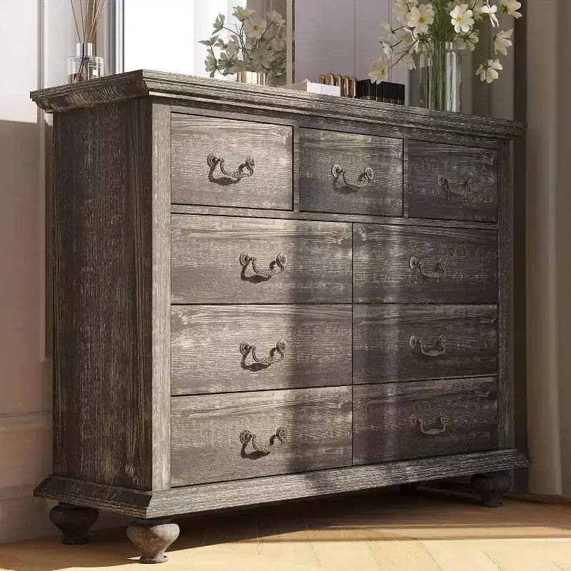 Commode à 9 tiroirs pour chambre à coucher, commode en bois avec grands tiroirs et poignées en métal