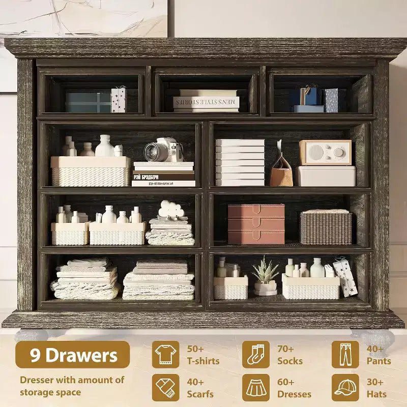 Commode à 9 tiroirs pour chambre à coucher, commode en bois avec grands tiroirs et poignées en métal