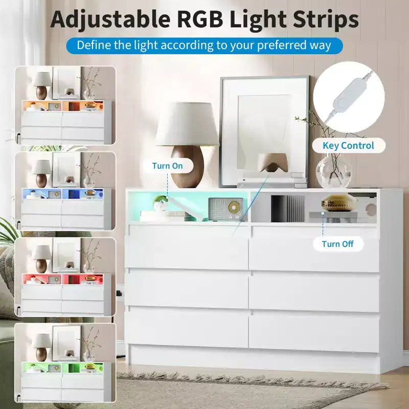 Commode 6 tiroirs, commode LED blanche avec station de charge, fixations murales incluses, bande lumineuse réglable 6 couleurs, convient pour chambre à coucher, salon