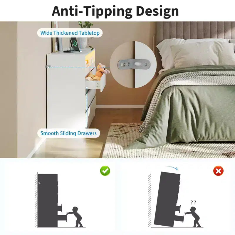 Commode 6 tiroirs, commode LED blanche avec station de charge, fixations murales incluses, bande lumineuse réglable 6 couleurs, convient pour chambre à coucher, salon