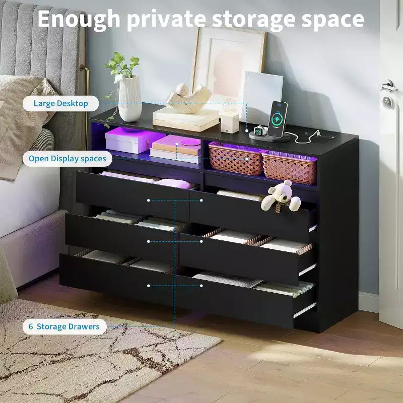 Commode 6 tiroirs, commode LED blanche avec station de charge, fixations murales incluses, bande lumineuse réglable 6 couleurs, convient pour chambre à coucher, salon
