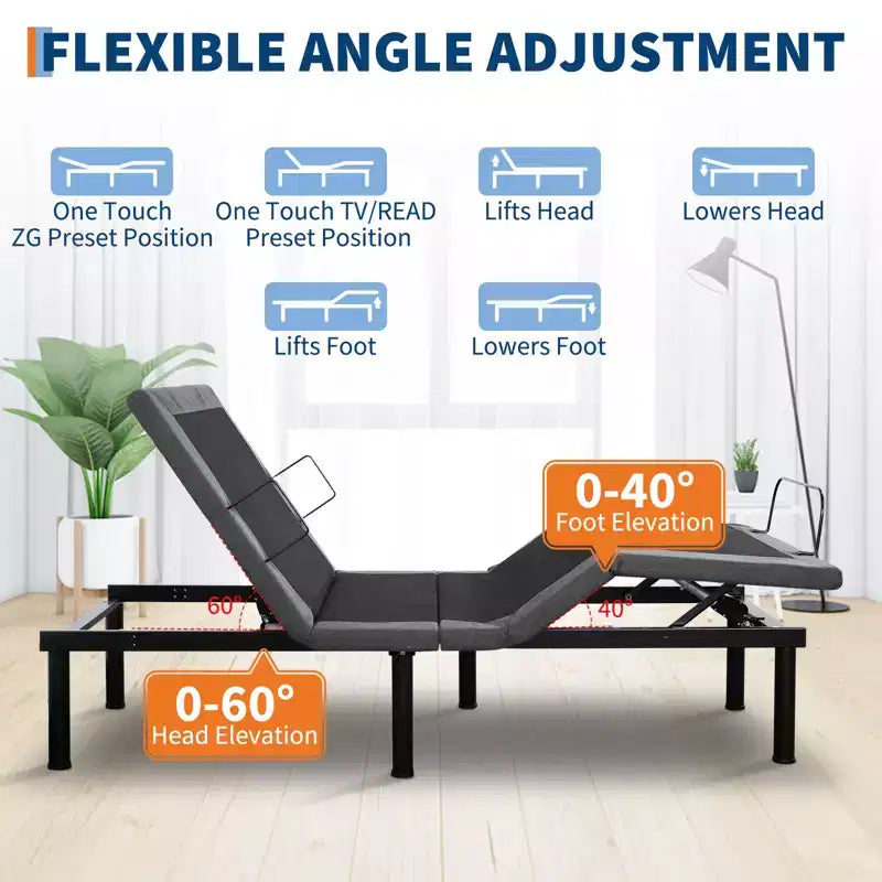 Cadre de lit ajustable, Sommier électrique avec massage, Inclinaison tête et pieds, Télécommande sans fil, 2 ports USB intégrés, Veilleuse LED
