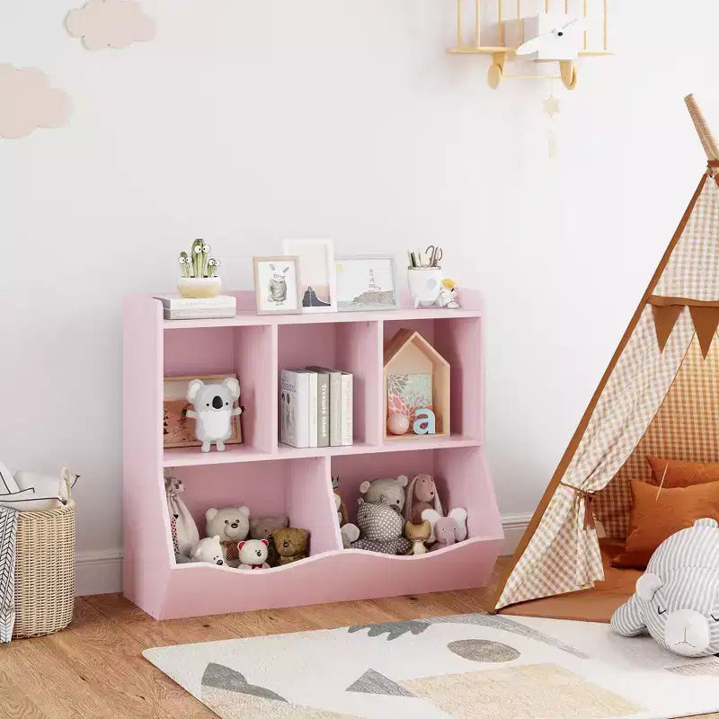 Étagère à Livres et Organisateur de Jouets pour Enfants à 2 Niveaux - Meuble de Rangement en Bois pour Salle de Jeux, Chambre d'Enfant, Chambre à Coucher (Étagère à Livres et Jouets pour Tout-Petits)