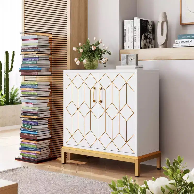 Meuble de Rangement Moderne avec Portes et Étagères Réglables, Buffet Autonome avec Design Ligne Dorée pour Salon ou Bureau