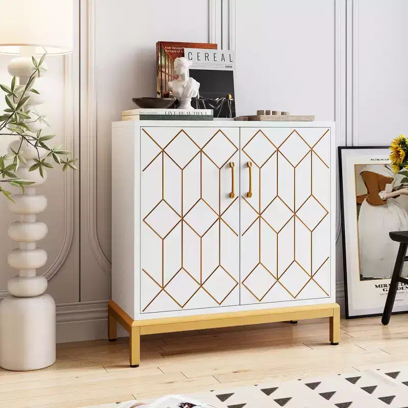 Meuble de Rangement Moderne avec Portes et Étagères Réglables, Buffet Autonome avec Design Ligne Dorée pour Salon ou Bureau