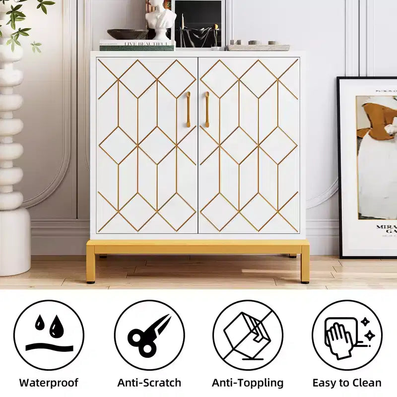 Meuble de Rangement Moderne avec Portes et Étagères Réglables, Buffet Autonome avec Design Ligne Dorée pour Salon ou Bureau