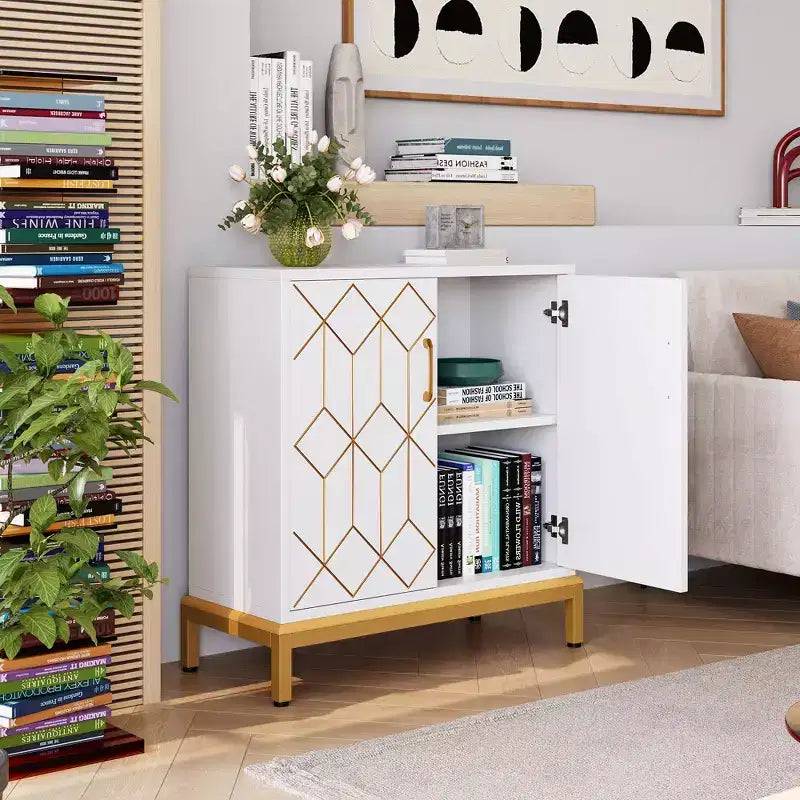 Meuble de Rangement Moderne avec Portes et Étagères Réglables, Buffet Autonome avec Design Ligne Dorée pour Salon ou Bureau