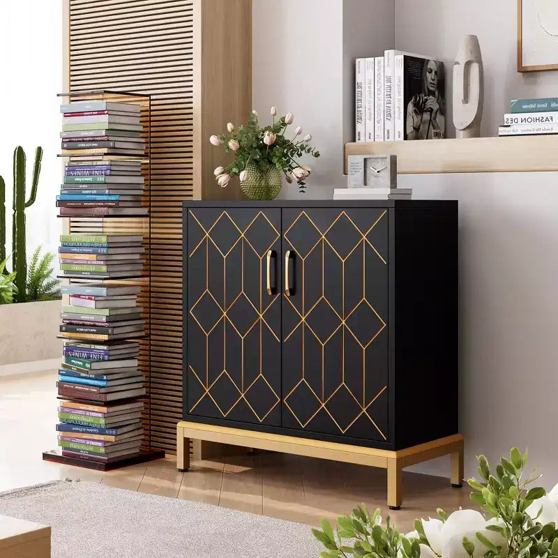 Meuble de Rangement Moderne avec Portes et Étagères Réglables, Buffet Autonome avec Design Ligne Dorée pour Salon ou Bureau