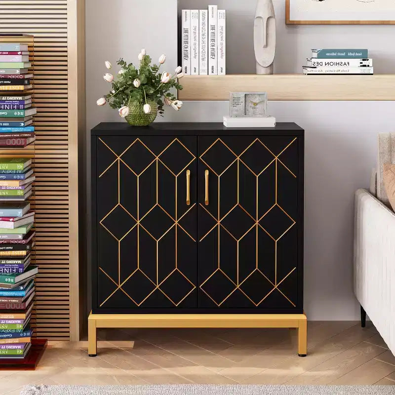 Meuble de Rangement Moderne avec Portes et Étagères Réglables, Buffet Autonome avec Design Ligne Dorée pour Salon ou Bureau