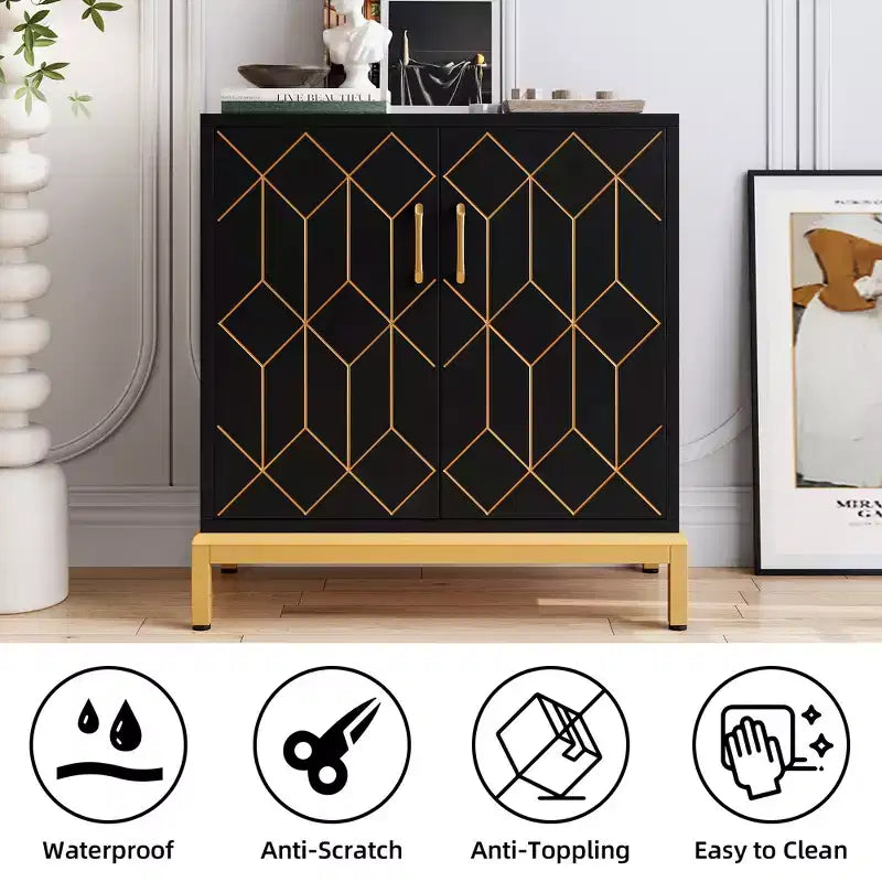 Meuble de Rangement Moderne avec Portes et Étagères Réglables, Buffet Autonome avec Design Ligne Dorée pour Salon ou Bureau