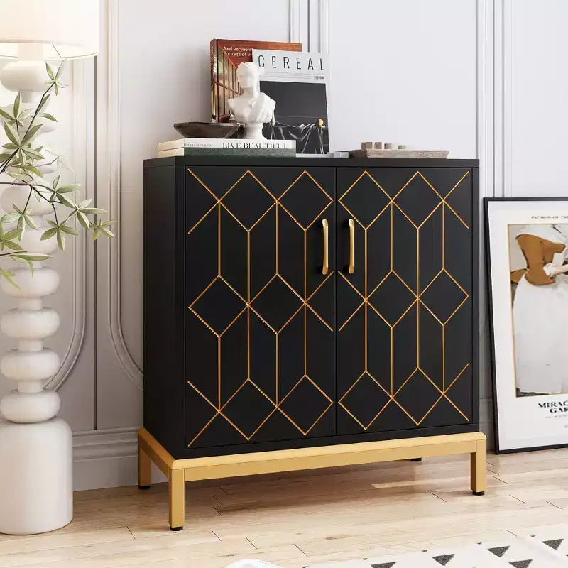 Meuble de Rangement Moderne avec Portes et Étagères Réglables, Buffet Autonome avec Design Ligne Dorée pour Salon ou Bureau