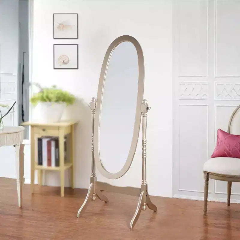 Miroir sur pied chevalet ovale en bois traditionnel avec pieds incurvés à consoles