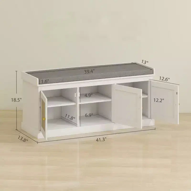 Banc de rangement pour chaussures de style campagnard avec portes en rotin tressé, petit banc d'entrée avec coussin en lin amovible pour petits espaces