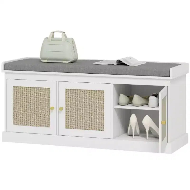 Banc de rangement pour chaussures de style campagnard avec portes en rotin tressé, petit banc d'entrée avec coussin en lin amovible pour petits espaces