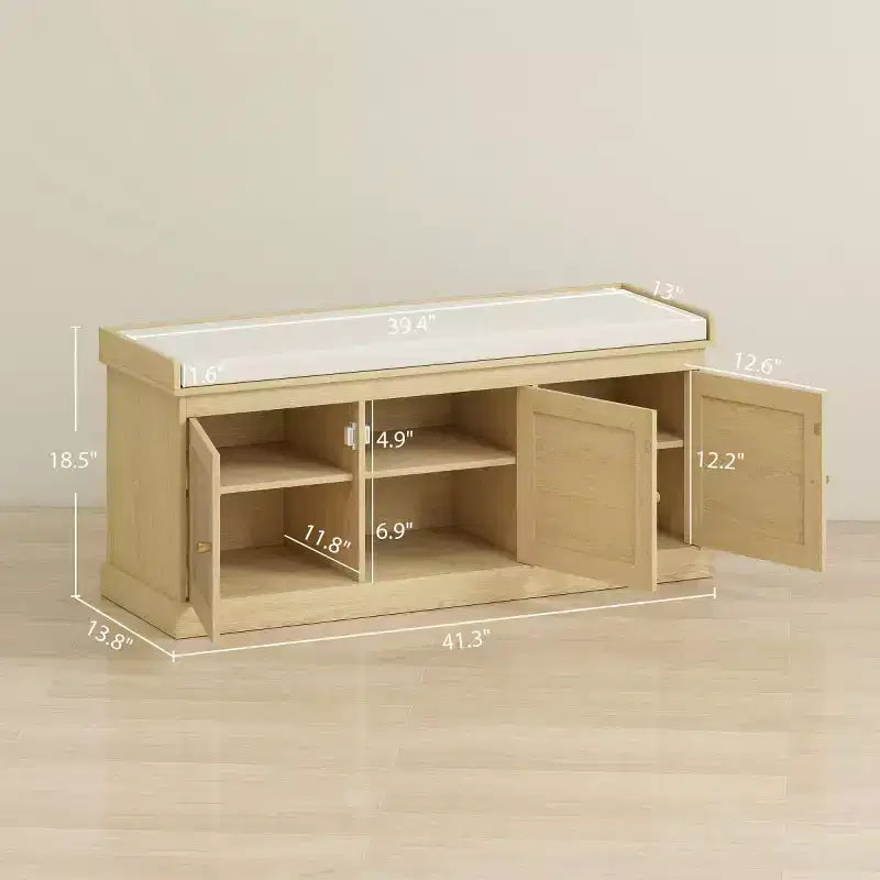Banc de rangement pour chaussures de style campagnard avec portes en rotin tressé, petit banc d'entrée avec coussin en lin amovible pour petits espaces